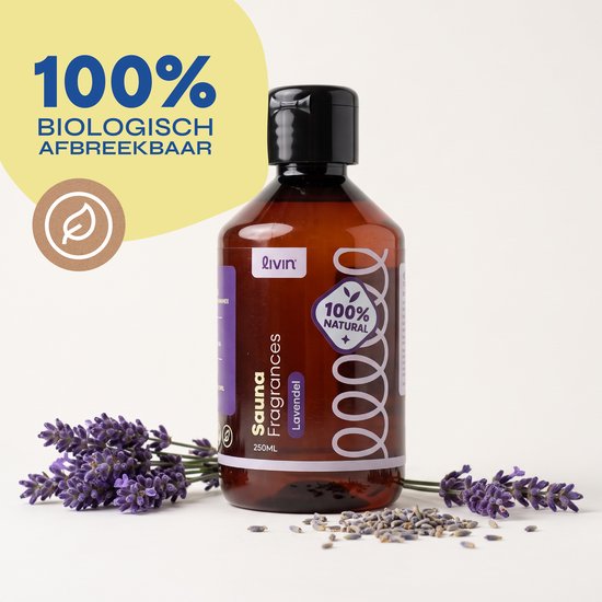 Fles Livin' lavendel saunageur 250ml, 100% biologisch afbreekbaar, omringd door verse lavendeltakjes.