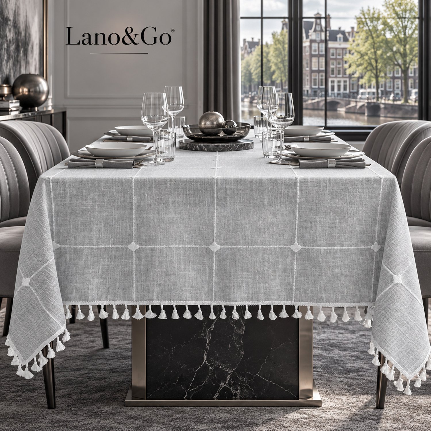 Lano&Go Geruit Tafelkleed met Franjes, Wasbaar Katoen-Linnen, Waterdicht, Grijs Ruitpatroon, Rechthoekig, 6-8 Zitplaatsen