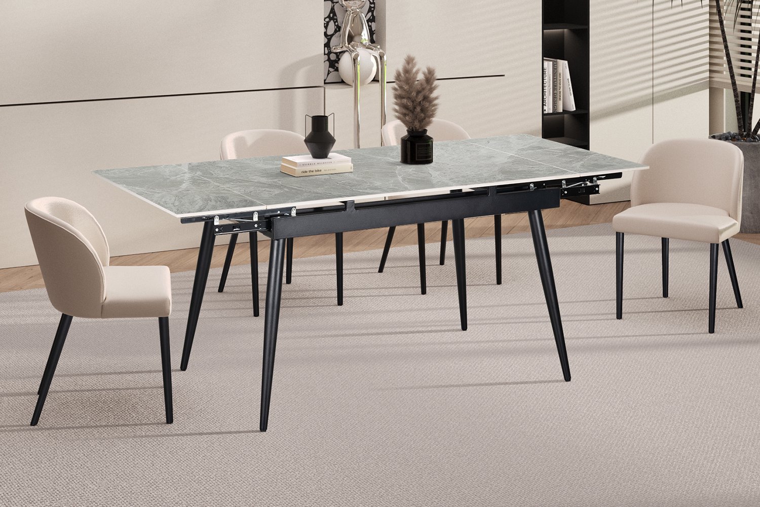 Rousseau Hero Uitschuifbare Eettafel – 120-180 x 80 cm – Glanzend Grijs Stenen Blad met Marmerlook – Zwarte Metalen Poten