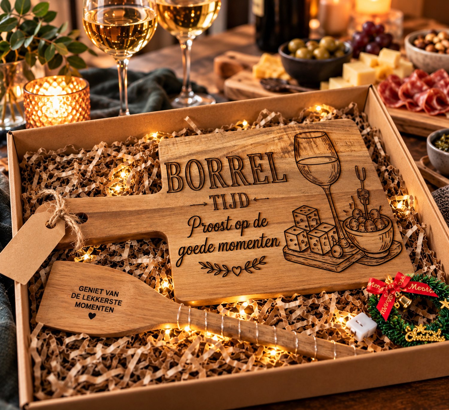 Kerst Cadeaubox – Borrelplank met Gravure – Houten Spatel – LED Verlichting – Luxe Kerstpakket – Borrel Cadeau – Geschenkset voor Hem en Haar – foto 2