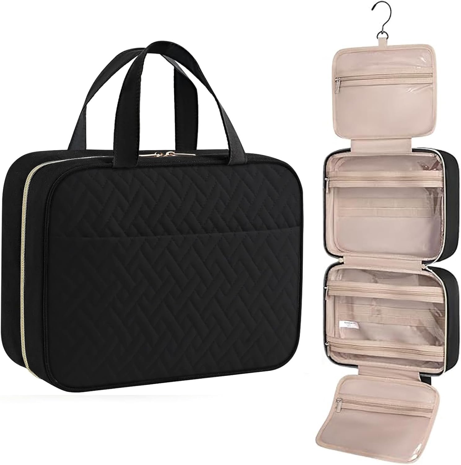 Toilettas dames groot - Reistoilettas met ophanghaak - Make up tas reizen - Opvouwbare verzorgingstas - Meerdere handige opbergvakken - Transparante vakken binnenin - Geschikt voor sportschool - Zwart - 27,9 x 19,5 x 8,3 cm