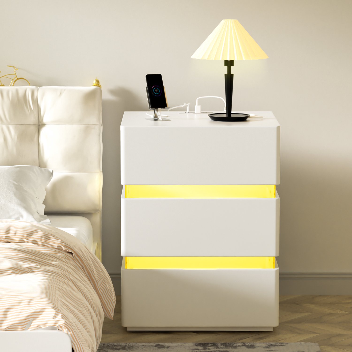 LEADZM Nachtkastje met 3 lades - Wit - 43 x 38 x 59 cm - led-verlichting