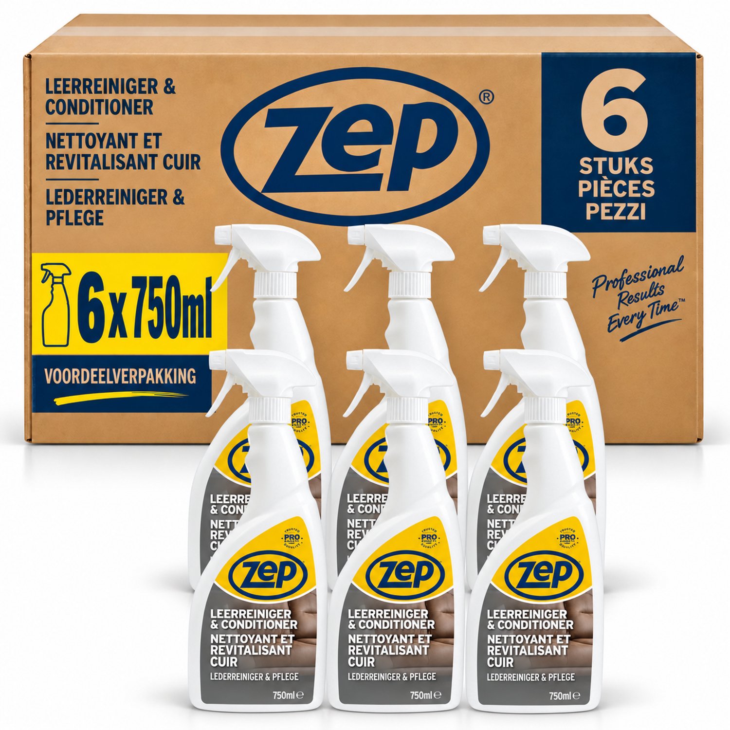 ZEP Leer Reiniger en Conditioner - 6 x 750 ml - 2-in-1 met UV-bescherming - Voor Leren Bankstel, Auto-interieur, Tassen en Kleding