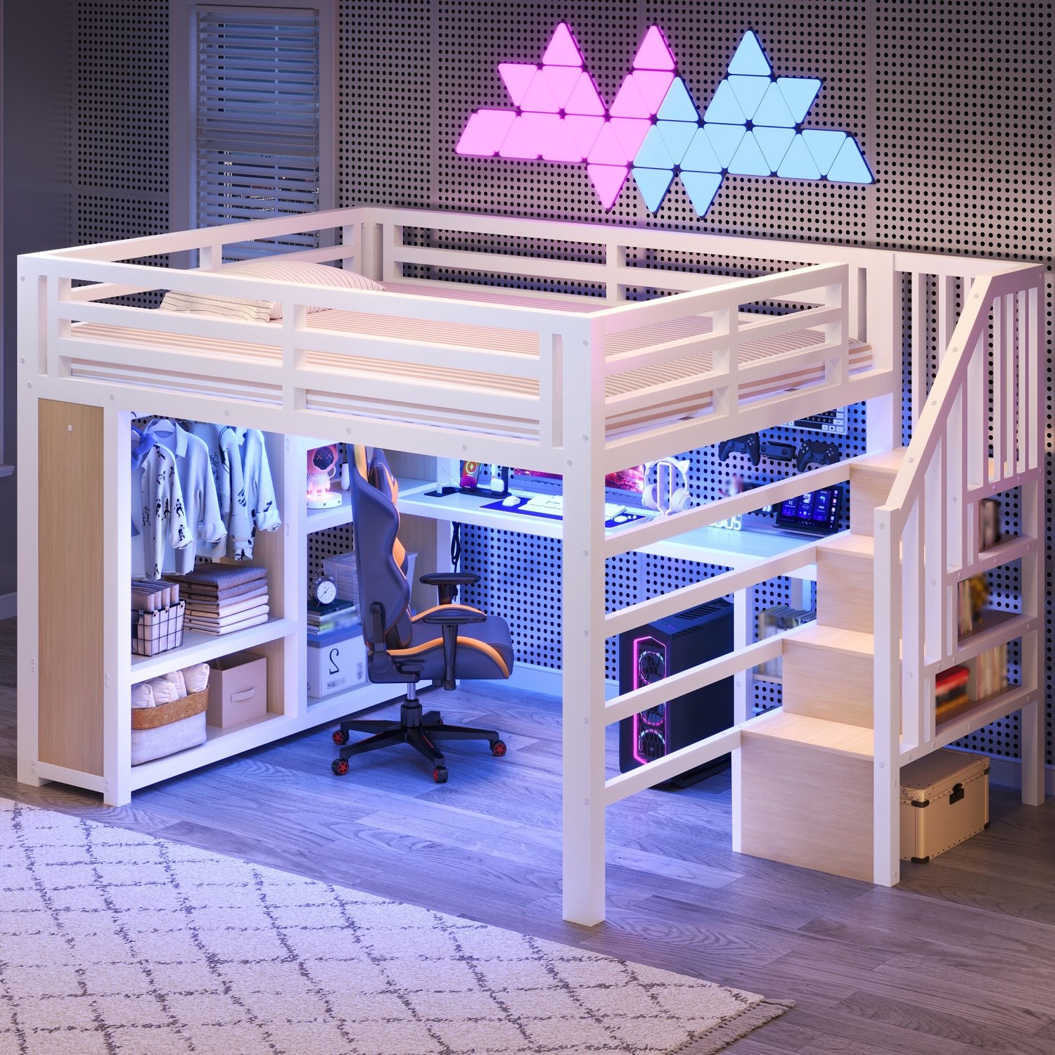 Zubaliya Kinderbed, Tweepersoonsbed, 140x200 cm grote gaming-hoogslaper van metaal met LED-verlichting, USB, bureau, open kledingkast, trap en opbergvakken, Wit