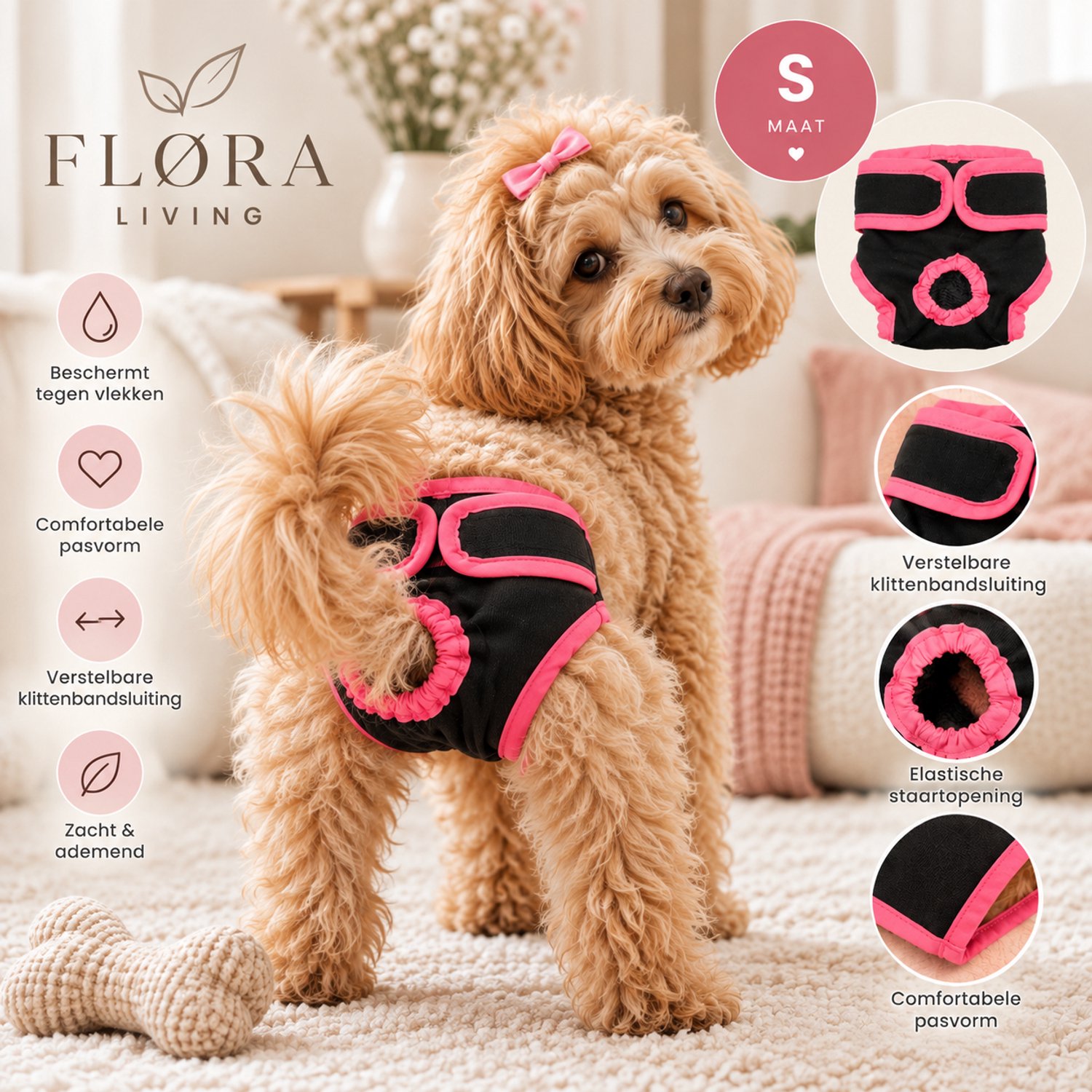 FLØRA Living Loopsheidbroekje Hond Maat S - Hondenluier Teef - Zwart met Roze