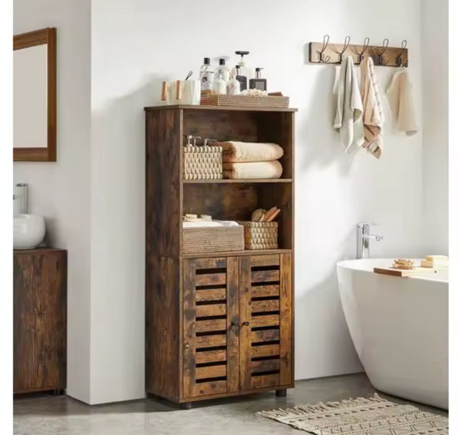 Gudalio Badkamerkast - Opbergkast - Kast - 2 Deuren Open vak - Verstelbare Planken - 60 x 30 x 125 cm - Modern - Hout - Bruin