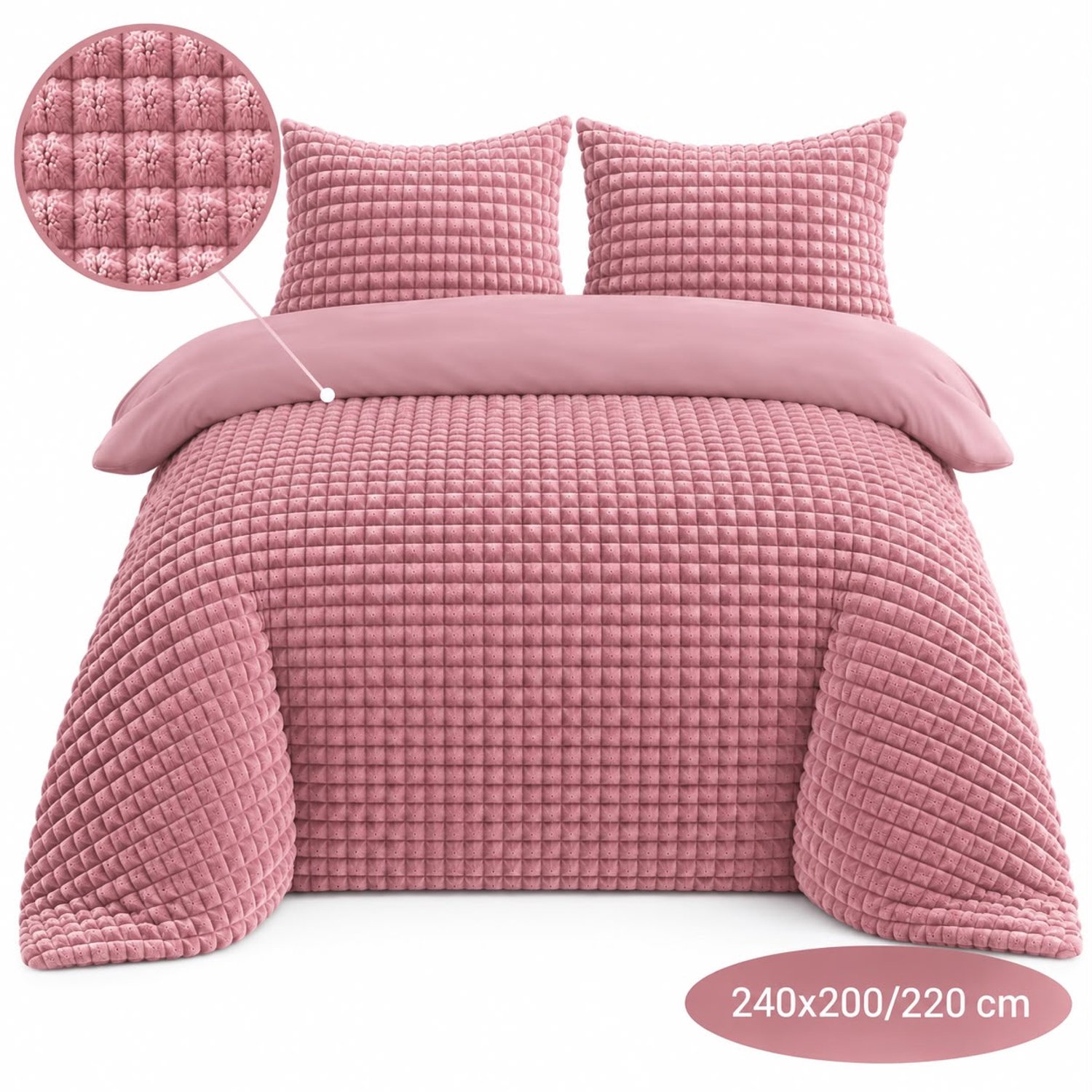 Roden Blue - Popcorn fleece dekbedovertrek set - 240x200/220 cm - Roze - Zacht - Anti-allergeen - Wasbaar