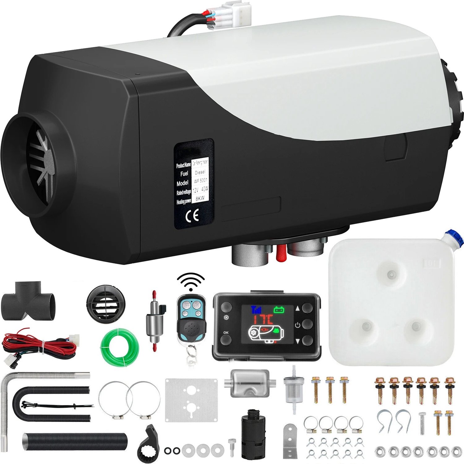 DeltaMerch Diesel Luchtverwarmer - Dieselkachel - Kachel - 8kW - 12V - LCD - Timer - Afstandsbediening - 10L tank - Zwart - Wit