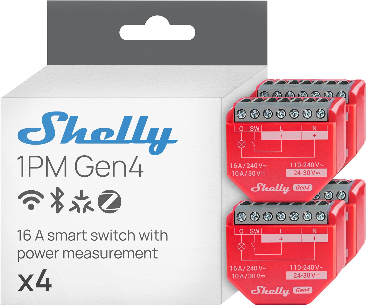 WLAN-aangedreven smart relaisschakelaar, 1 kanaal, 16A, vermogensmeting, domotica, geen hub nodig, Alexa, Apple HomeKit & Google Home, Zigbee & Matter (4 stuks)