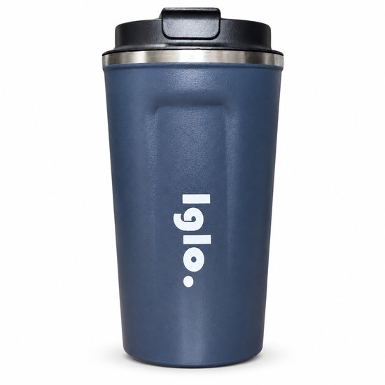 Blauwe IGLO. thermosbeker van 380 ml met zwarte deksel tegen een witte achtergrond.