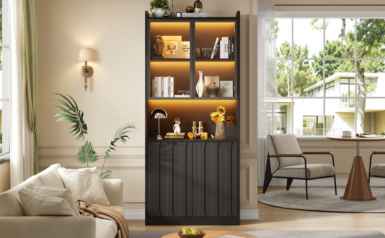 Vitrinekast 80 x 35 x 200 cm - 4 deuren - Gehard glas - Verstelbare legplanken - Bluetooth LED - Zwart