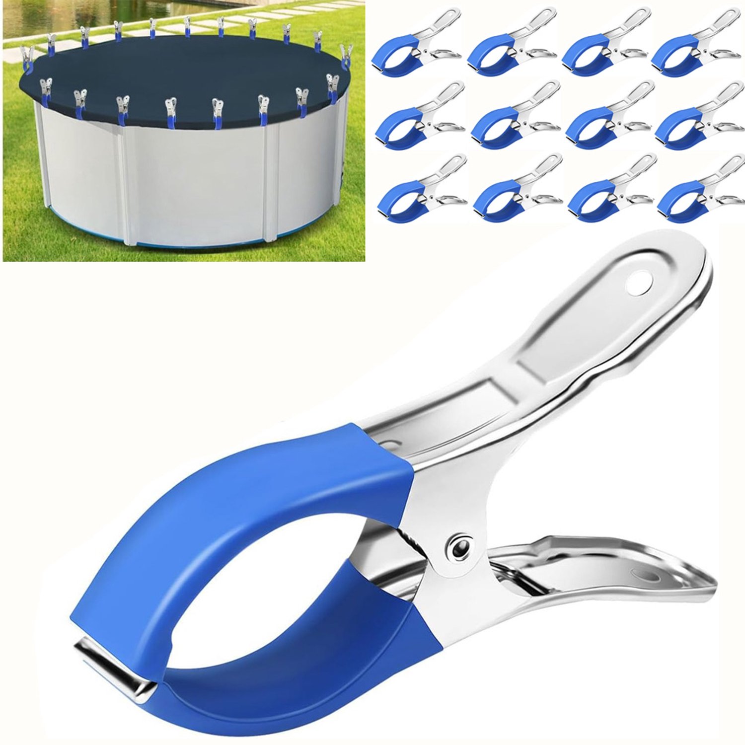 12 stuks Duurzame RVS Zwembadafdekkingsclips met Kunststof Handgrepen – Robuuste Windbestendige Veerclips Waslijnclips – 12 cm