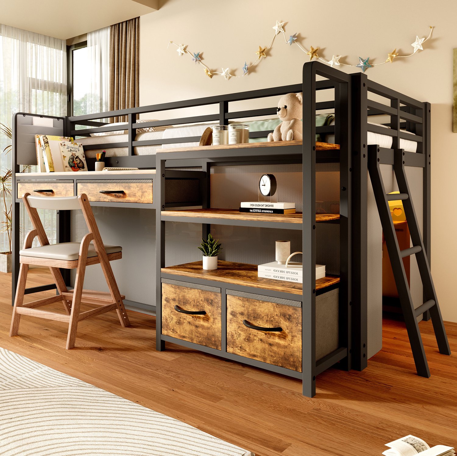 COVREO Hoogslaper met bureau – 90 x 200 cm – Kinderbed met opbergruimte – voor kinderkamer – Zwart - zonder matras
