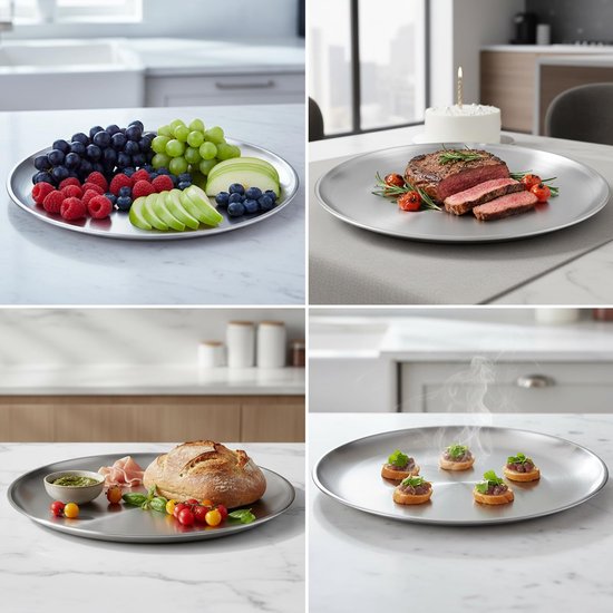 6 stuks roestvrijstalen borden 26 cm, campingservies, BPA-vrij, verdikt, onbreekbaar, 304 metalen plaat, stalen plaat, campingserviesset voor 6 personen, ronde schotels, picknick, keuken, party — afbeelding 4
