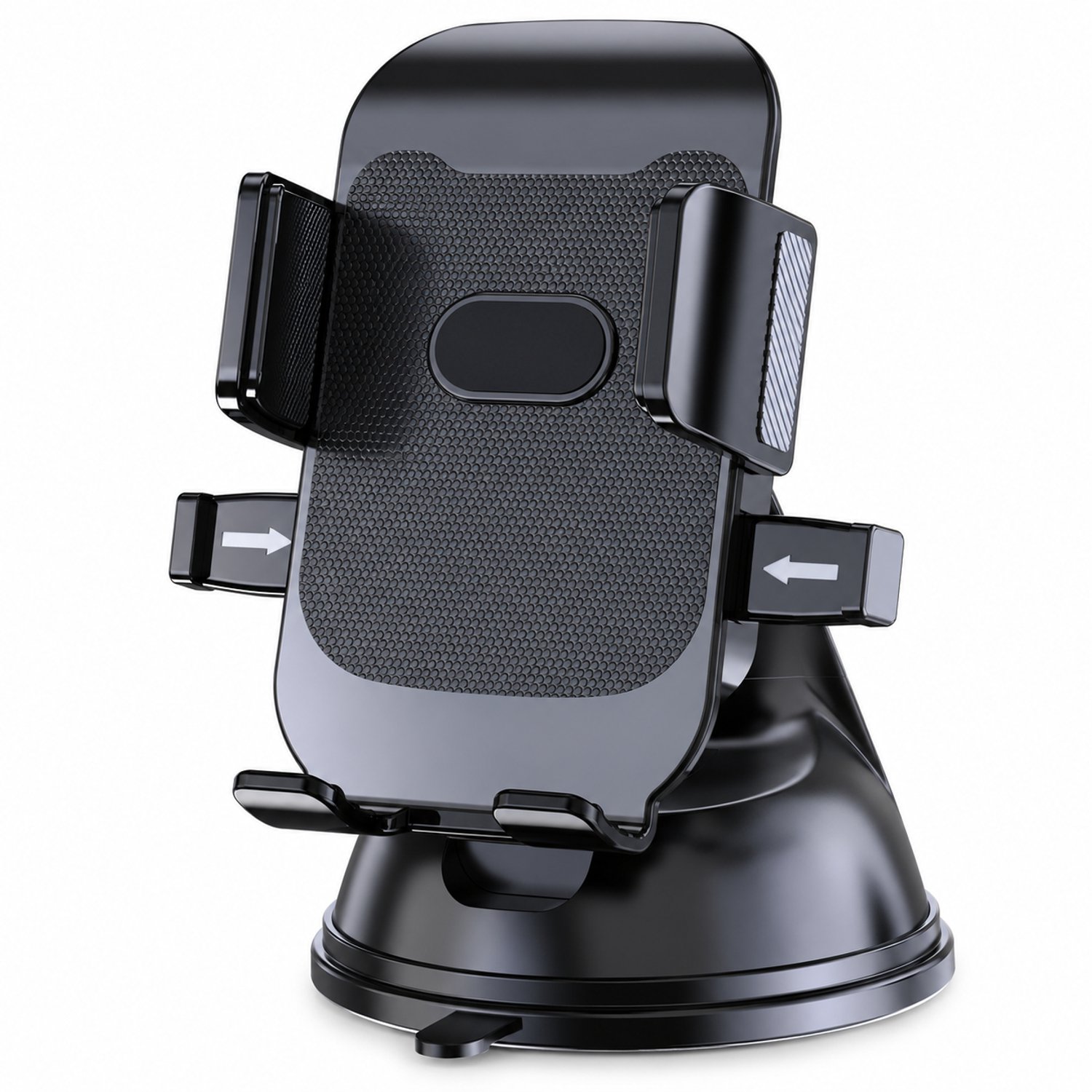 Telefoonhouders auto: zwarte telefoonhouder met gestructureerd steunvlak en dashboardzuignapvoet, verpakkingsmaat 10 × 6 × 11 cm