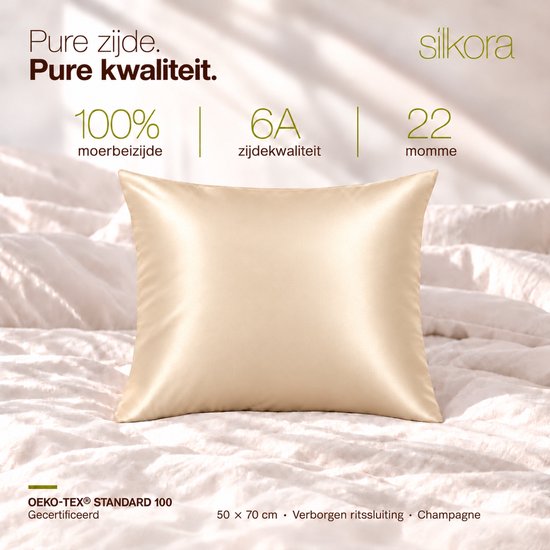 Silkora Premium Silk Pillowcase - 50x70 cm - 22 Momme 100% Moerbei Zijden Kussensloop Met Verborgen Rits - Anti-rimpel, Verkoelende, Anti-pluis - Champagne — cadeau in Wonen & Interieur - foto 4