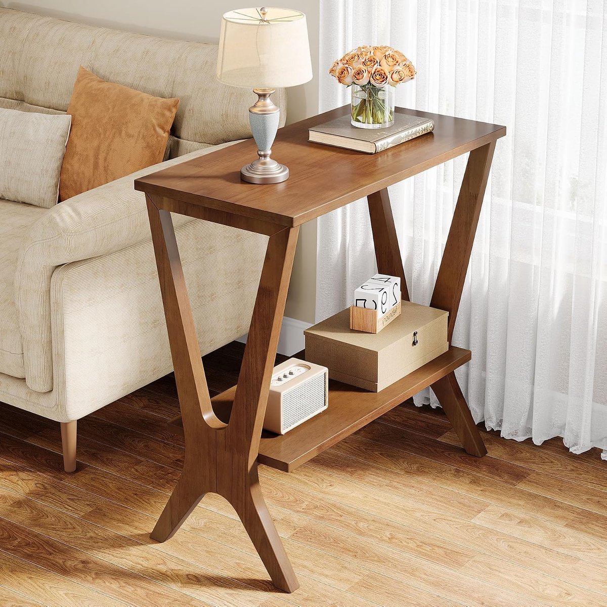 Tribesigns Massief Hout Bijzettafel - smalle 2-Laags Bankbijzettafel - bruin - 60 x 30 x 60 cm - Bijzettafel en stevige poten - voor de slaapkamer, woonkamer