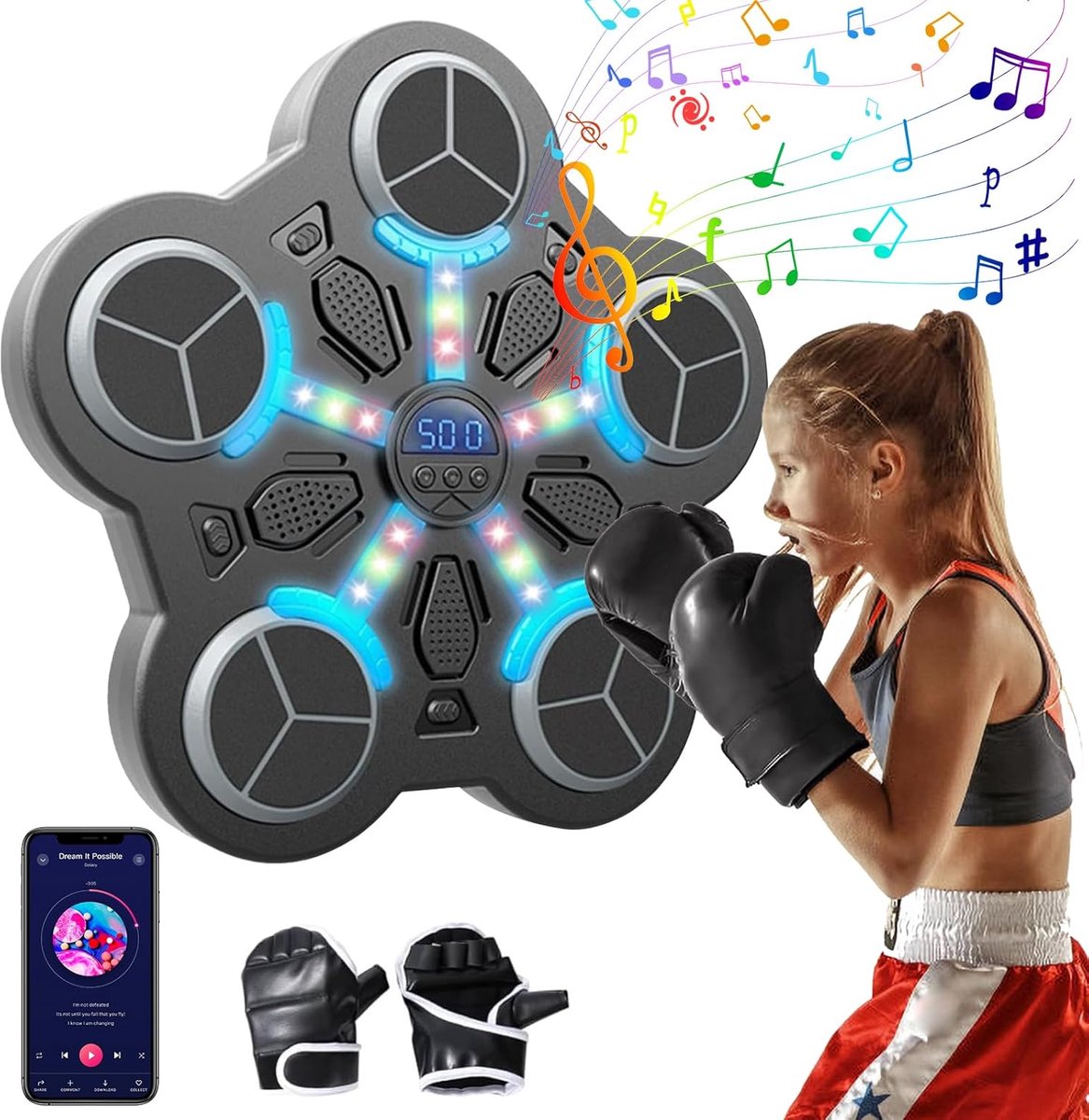 Wandgemonteerde Boksmachine Met Bluetooth En Synchronisatieverlichting – 3 Instelbare Niveaus – Geluidsdempend – Boren Niet Nodig – Oplaadbaar – Voor Volwassenen En Kinderen – Zwart