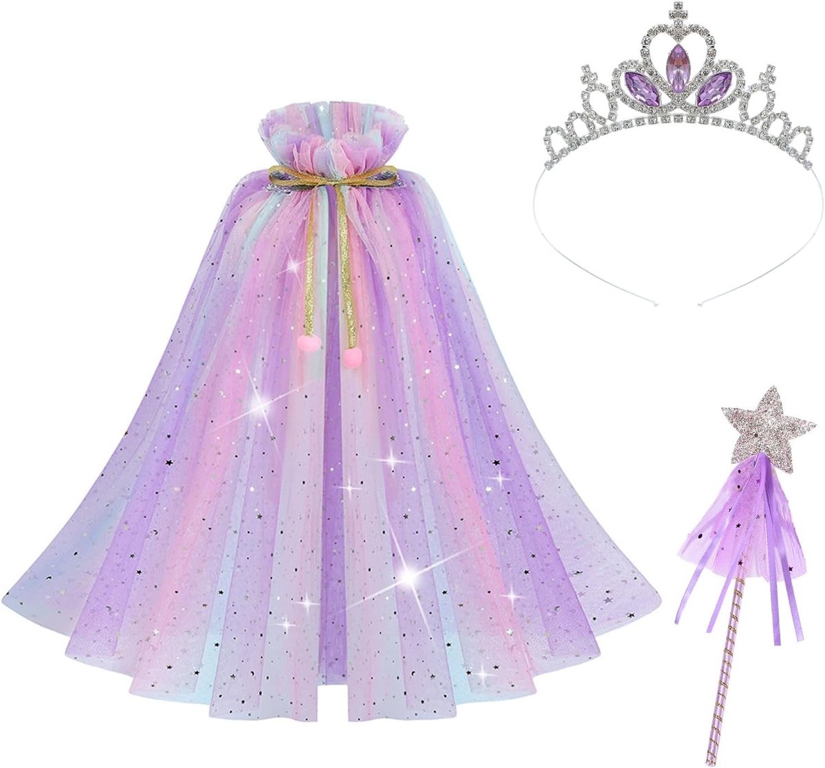 Paarse prinsessencape met glinsterende pailletten en tule, kostuum voor Halloween en verkleedfeestjes, inclusief prinsessentiar en toverstaf voor meisjes van 6-10 jaar