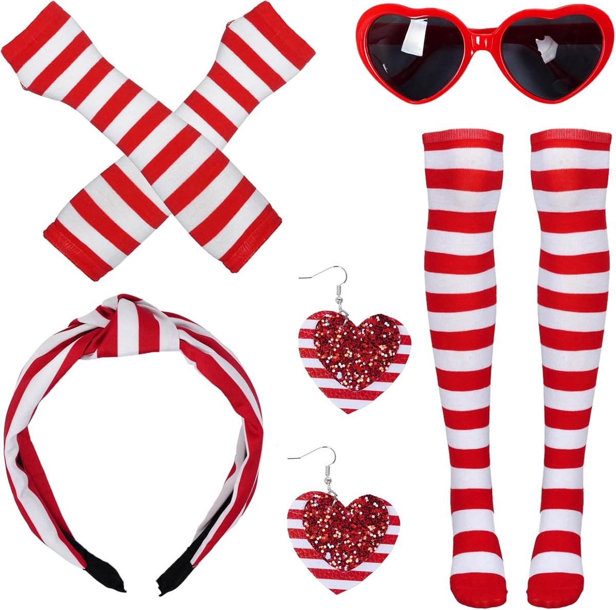 Carnaval Kostuum met Rood-Witte Gestreepte Hoofdband, Kniesokken, Hartbril en Oorbellen voor Feestelijke Thema Party Accessoires
