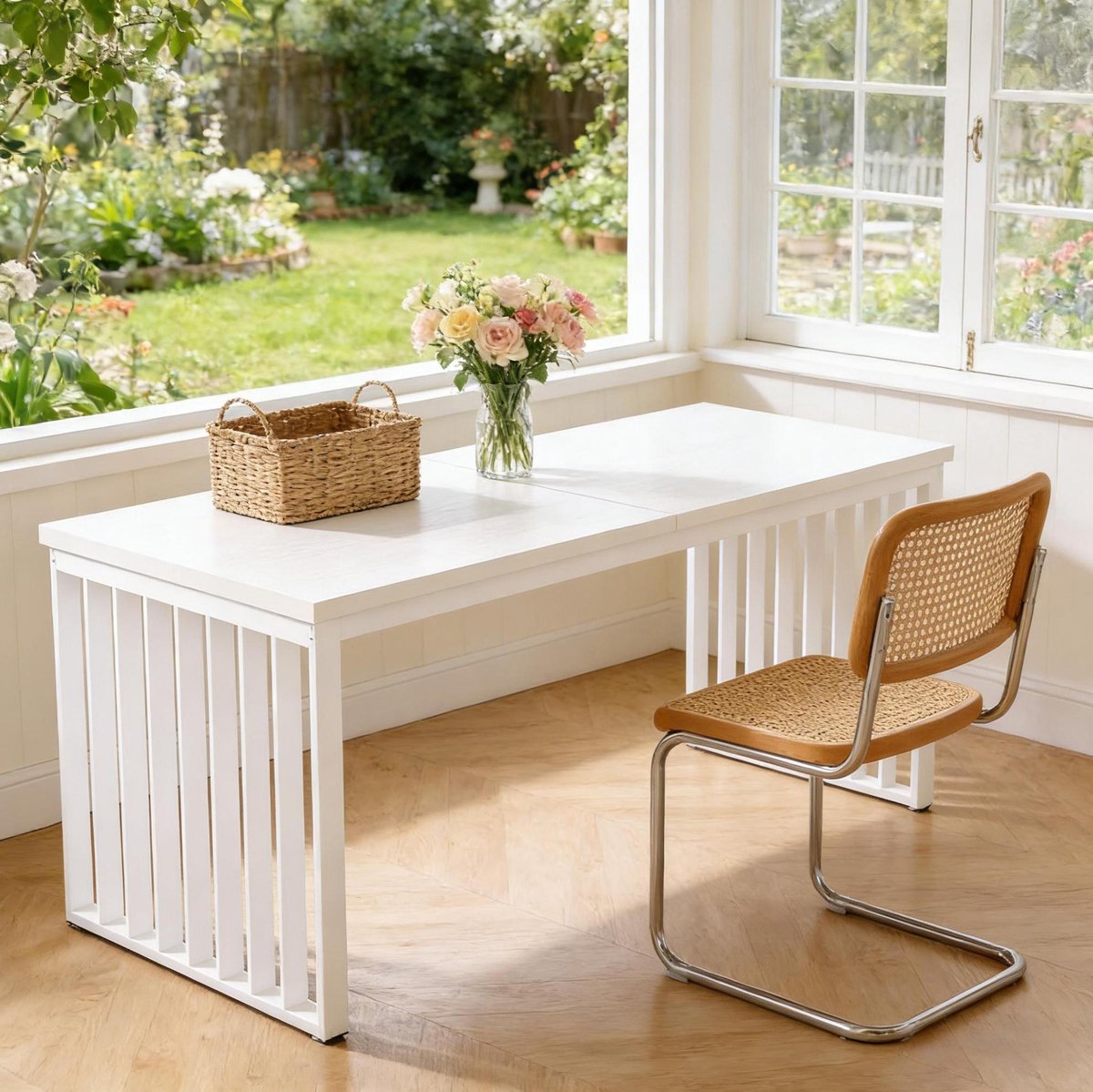 MEUNIQ Tweepersoons bureau 180 x 60 x 76 cm - MDF werkblad, gepoedercoat metalen frame en verstelbare voetdoppen - wit - voor thuiskantoor