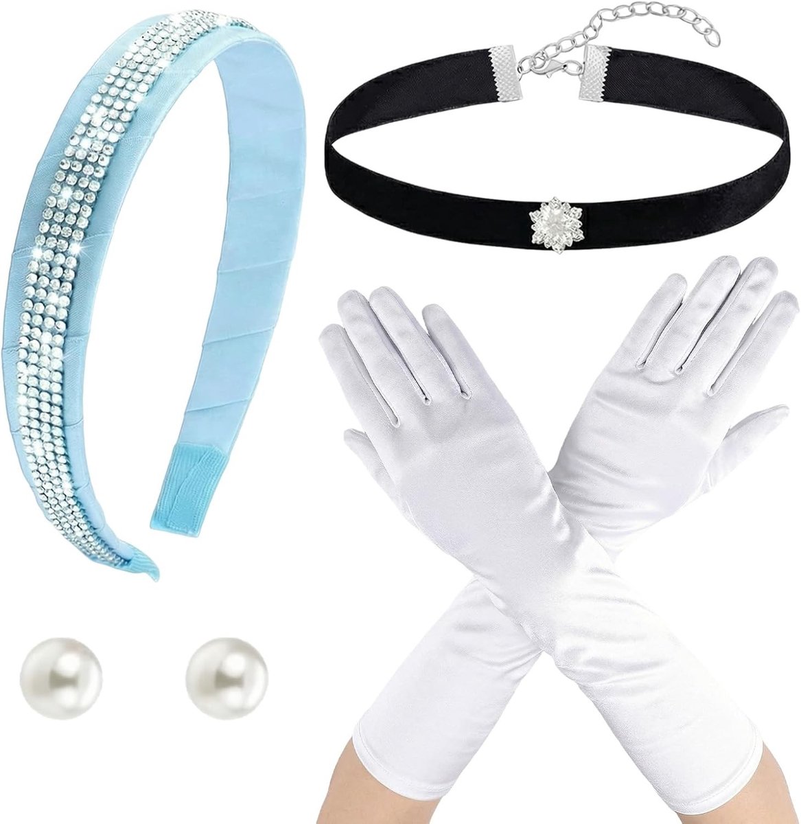 Volledige Prinsessen Kostuum Set voor Vrouwen met Blauwe Haarband, Witte Handschoenen en Accessoires voor Carnaval en Cosplay Feestjes