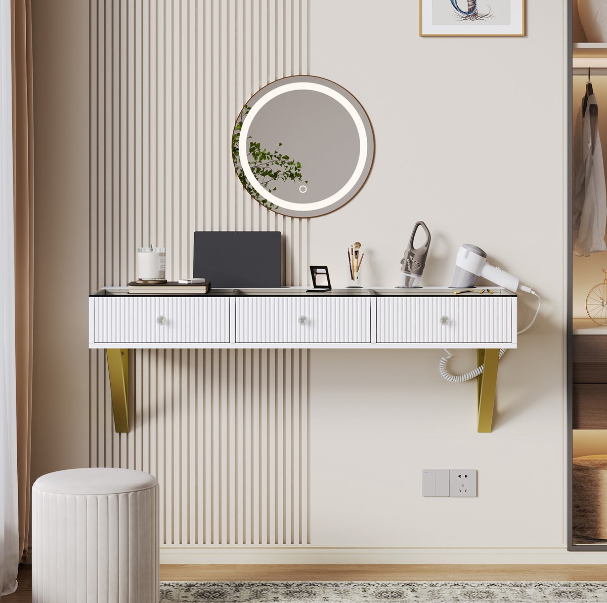 MEUNIQ Wandgemonteerde kaptafel 120 x 40 x 45 cm met 3 lades, glazen blad, tablethouder en bekerhouder voor slaapkamer, wit, zonder ledspiegel