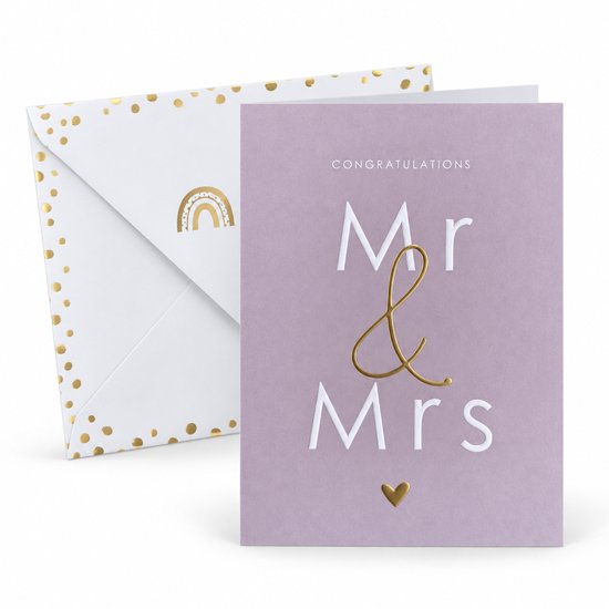 Paarse wenskaart met "Mr & Mrs" in goudfolie en reliëf, met bijpassende envelop met gouden confetti en regenboog.