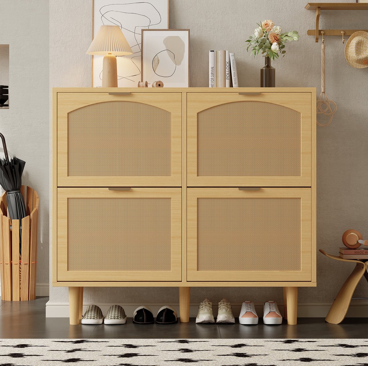 MEUNIQ Schoenenkast met 4 klaplades en verstelbare legplanken, 100 x 25 x 90 cm, licht eiken, staande opbergkast voor hal en slaapkamer