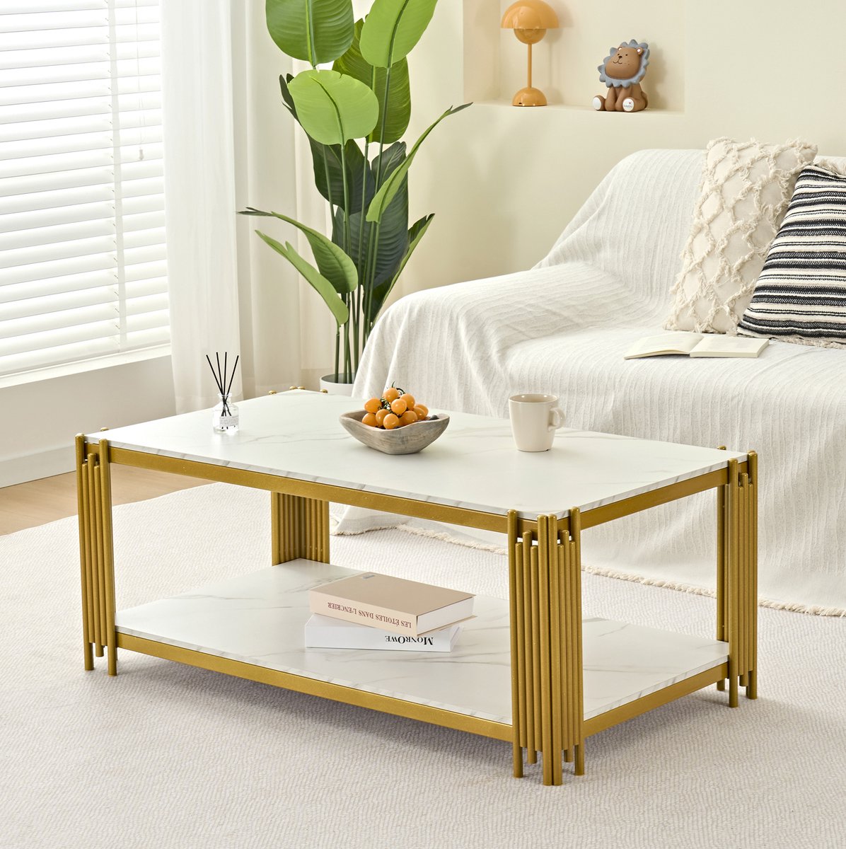 MEUNIQ Rechthoekige salontafel 114 x 64 x 46 cm met marmerlook tafelblad, goudkleurige metalen poten en 2 opbergniveaus voor woonkamer, wit