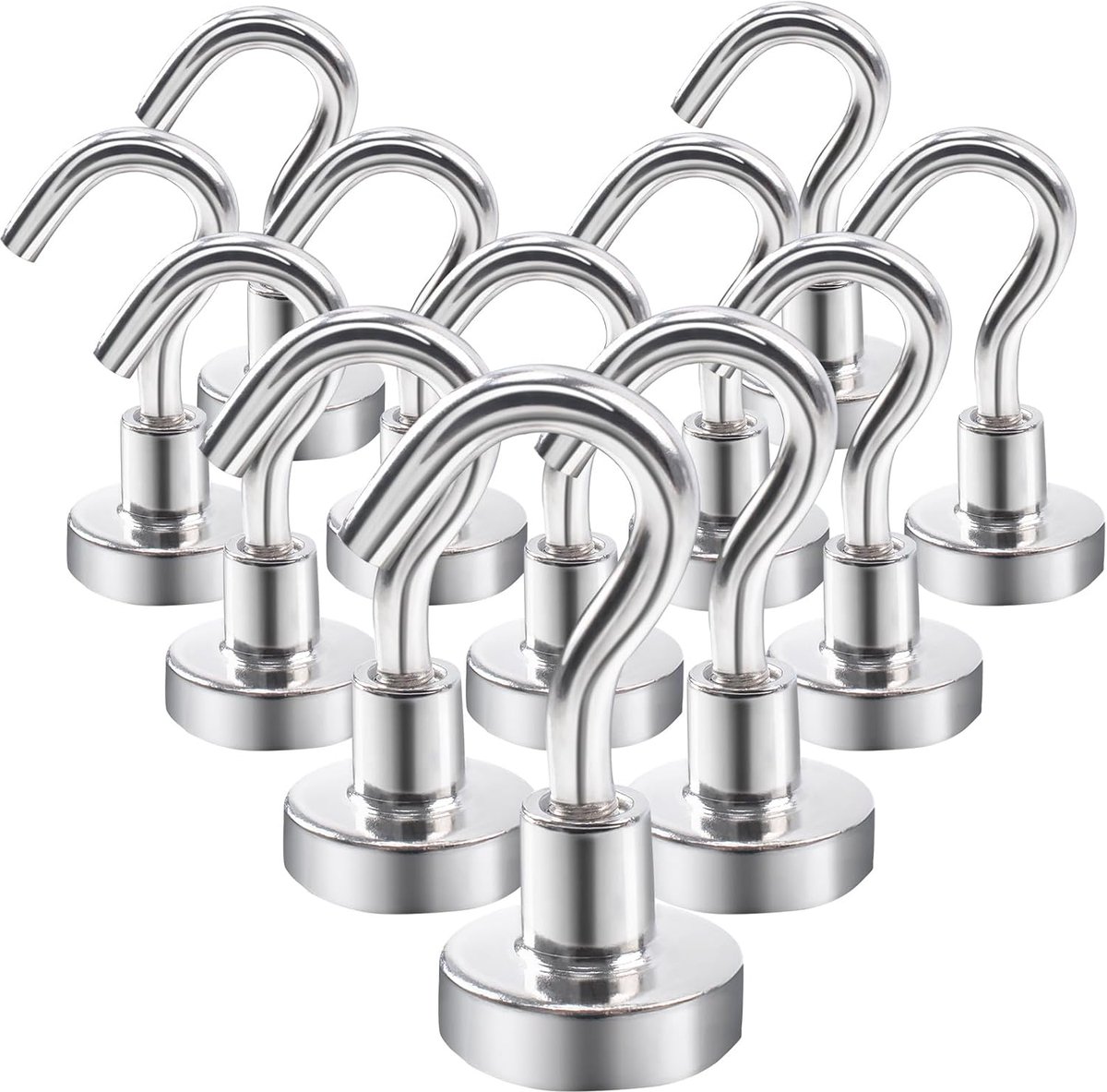 Magneethaken, klein, 12 stuks, sterke magneten met haken, 11 kg, magnetische neodymium-haken, haken om op te hangen, keuken, camping, accessoires, 16 mm, zilver