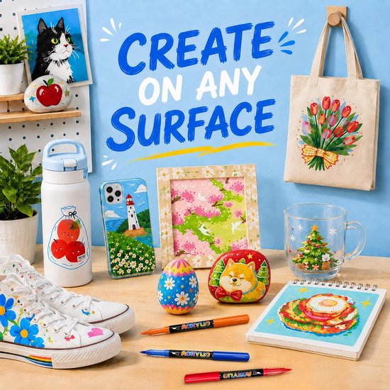 Verfstiften, professionele acrylmarkers met penseelpunt, waterbestendige verfstiften voor stenen schilderen, canvas, glas, hout en textiel — afbeelding 5