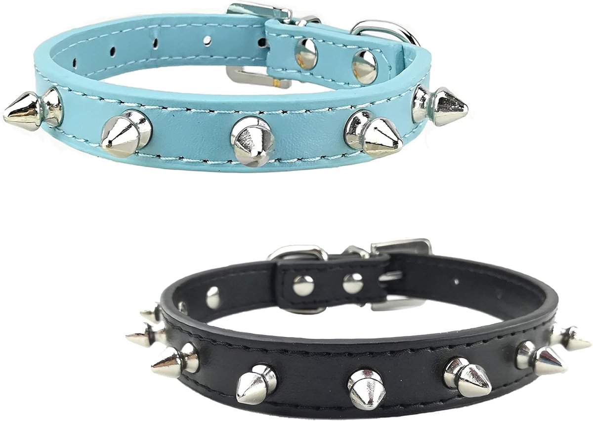 2 stks Studded Honden Kraag Set Punk Studded Puppy Kraag voor Kleine Honden Katten, XS, BlueBlack