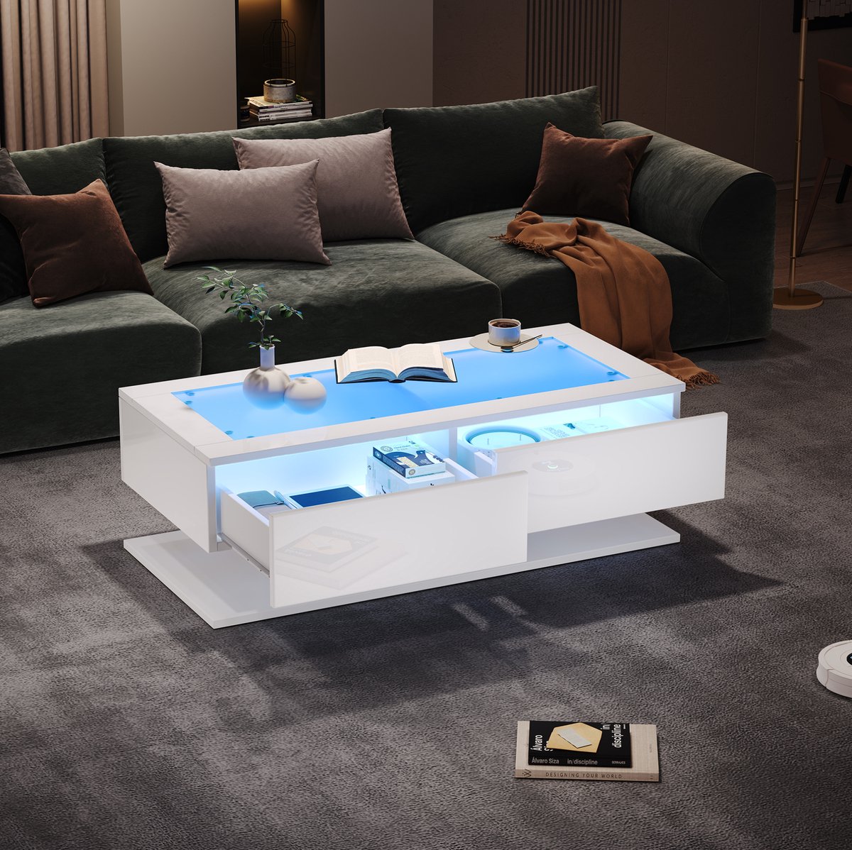 MEUNIQ Salontafel 100 x 50 x 35 cm met 2 lades, glazen blad, ledverlichting en USB-aansluiting voor woonkamer, hoogglans wit