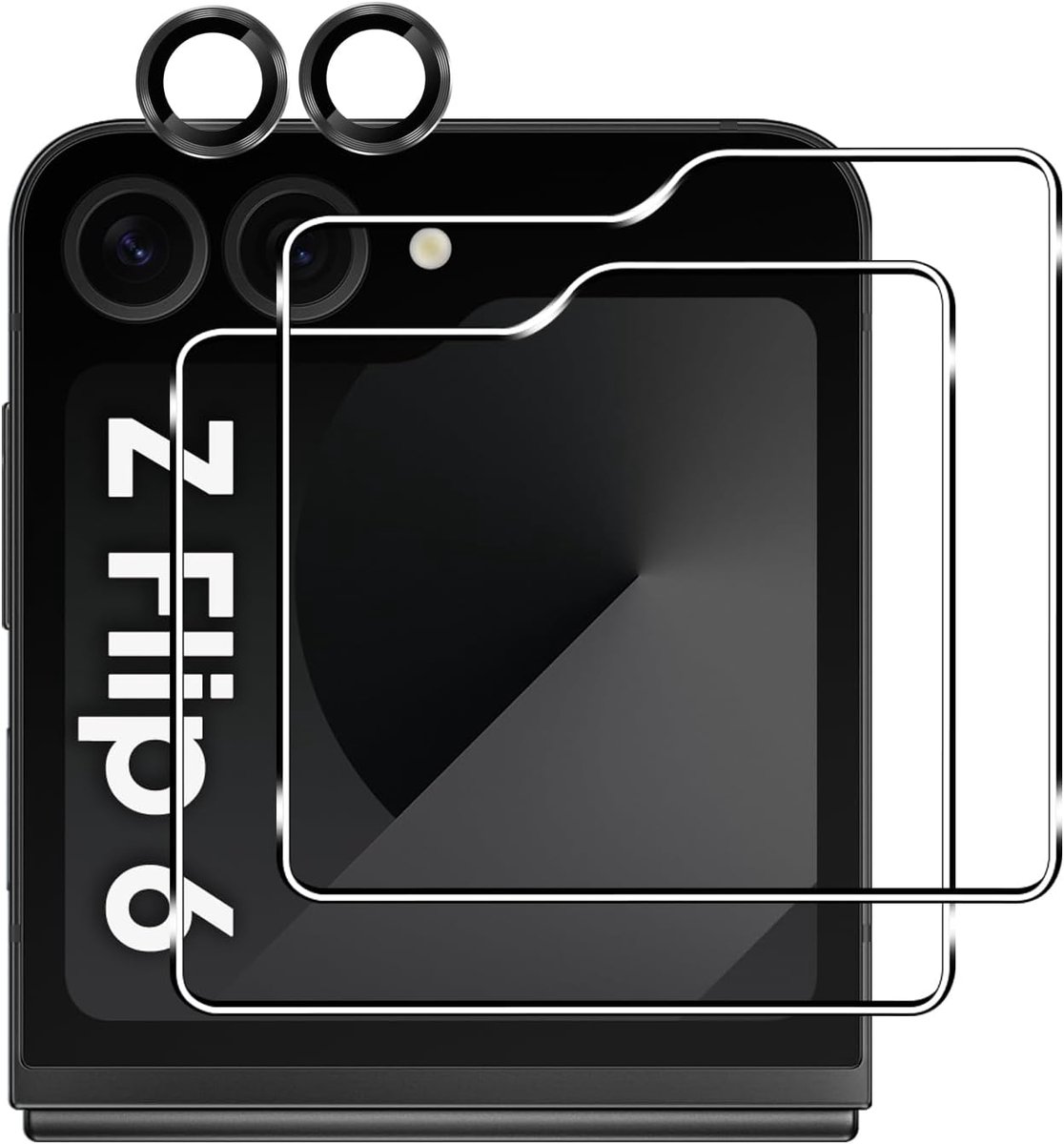 Compatibel met Samsung Galaxy Z Flip 6 5G, 2 stuks displaybeschermfolie en 2 stuks camerafolie, hardheid 9H, krasbestendig, displaybeschermfolie