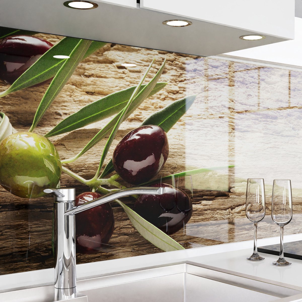 Keuken achterwand zelfklevend – Glaslook – Spatscherm keuken – Verstevigde PET folie – Spatwand fornuis – Muurbeschermer – 0,80 mm - Olijven - 500 cm x 80 cm