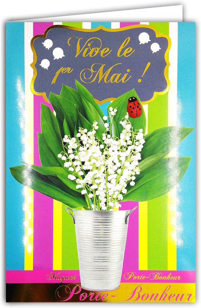 68-1046-B kaart met envelop geel Muguet geluksbrenger met lieveheersbeestje van hout met de hand beschilderd 1 mei in goud glanzend 13 witte klokjes bloemen boeket party lente