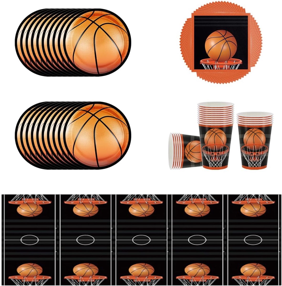 Feestservies met basketbalthema, bestaande uit borden, bekers, tafelkleden en servetten. Geschikt voor picknicks in de open lucht, verjaardagsfeesten, tot 20 gasten