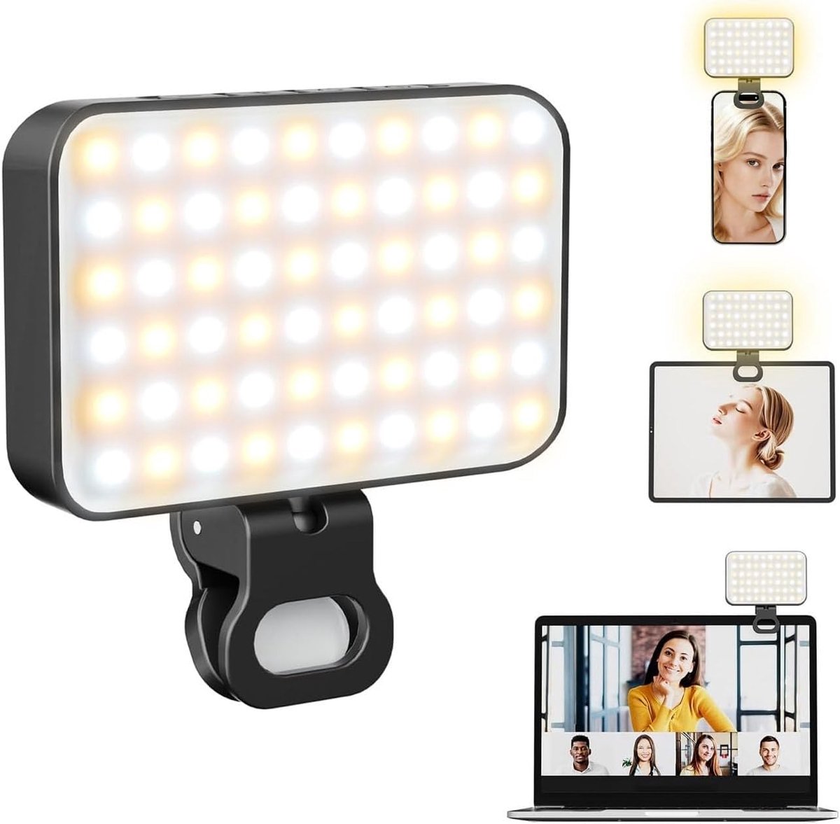 Selfie telefoon, 3000-6500 K, 3 kleurtemperaturen, fotolicht, selfielamp met batterij 2000 mAh, geschikt voor mobiele telefoons, iPhones, camera's, laptops