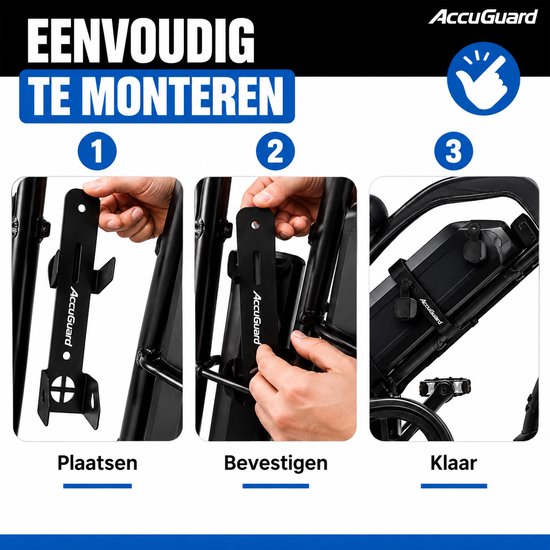 Instructies voor montage van het AccuGuard batterijslot op een fietsframe, in drie stappen.