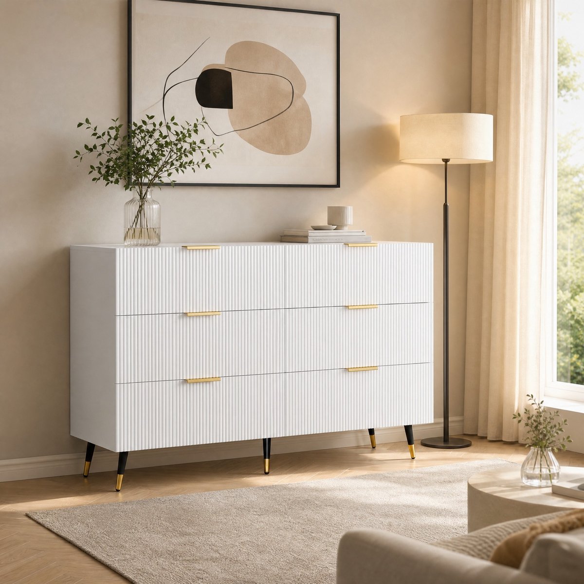 MEUNIQ Dressoir Sideboard 120 x 40 x 77 cm met 6 lades, golvend front, 15 cm hoge poten en gouden details voor woonkamer, eetkamer of slaapkamer - wit