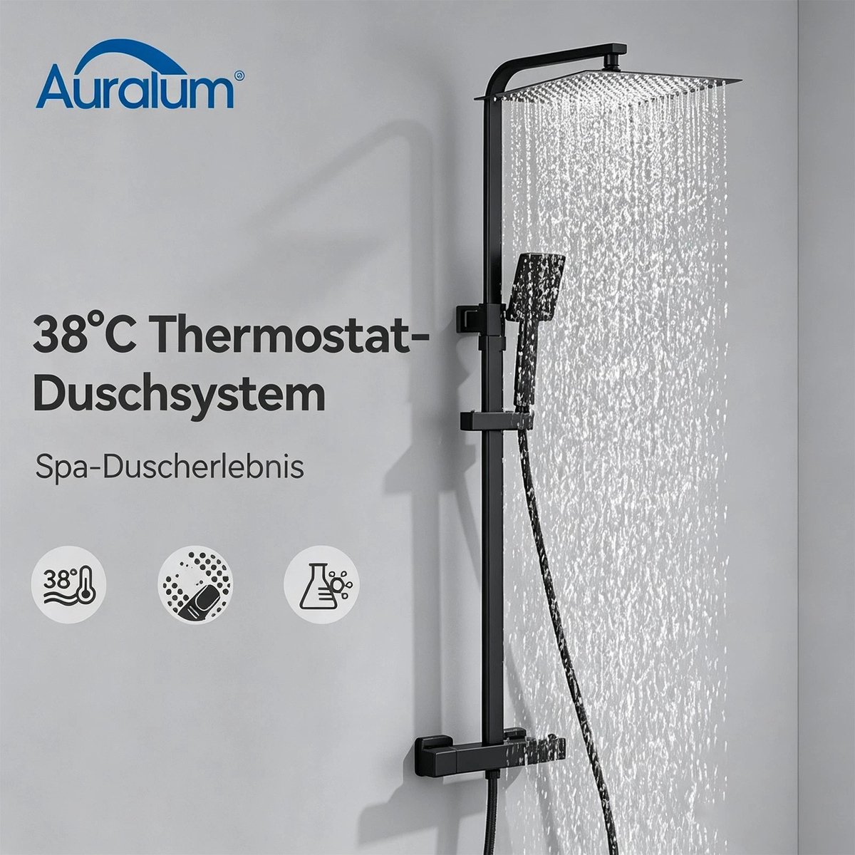 Auralum max Regendouche met Thermostaatkraan - Regendouche en Handdouche - 12 inch Douchekop - Verstelbare Hoogte 97-130 cm - Vierkante Design - Doucheset - Zwart