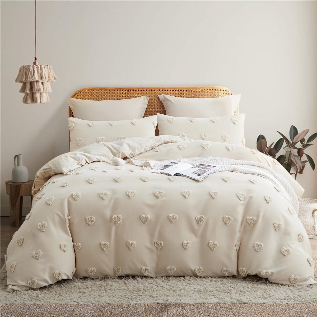 LUCKICE Beddengoed Bohemian beddengoed getuft hartje boho borduursel shabby chic 155x220 cm microvezel zachte dekbedovertrek met rits en kussensloop 80x80 cm