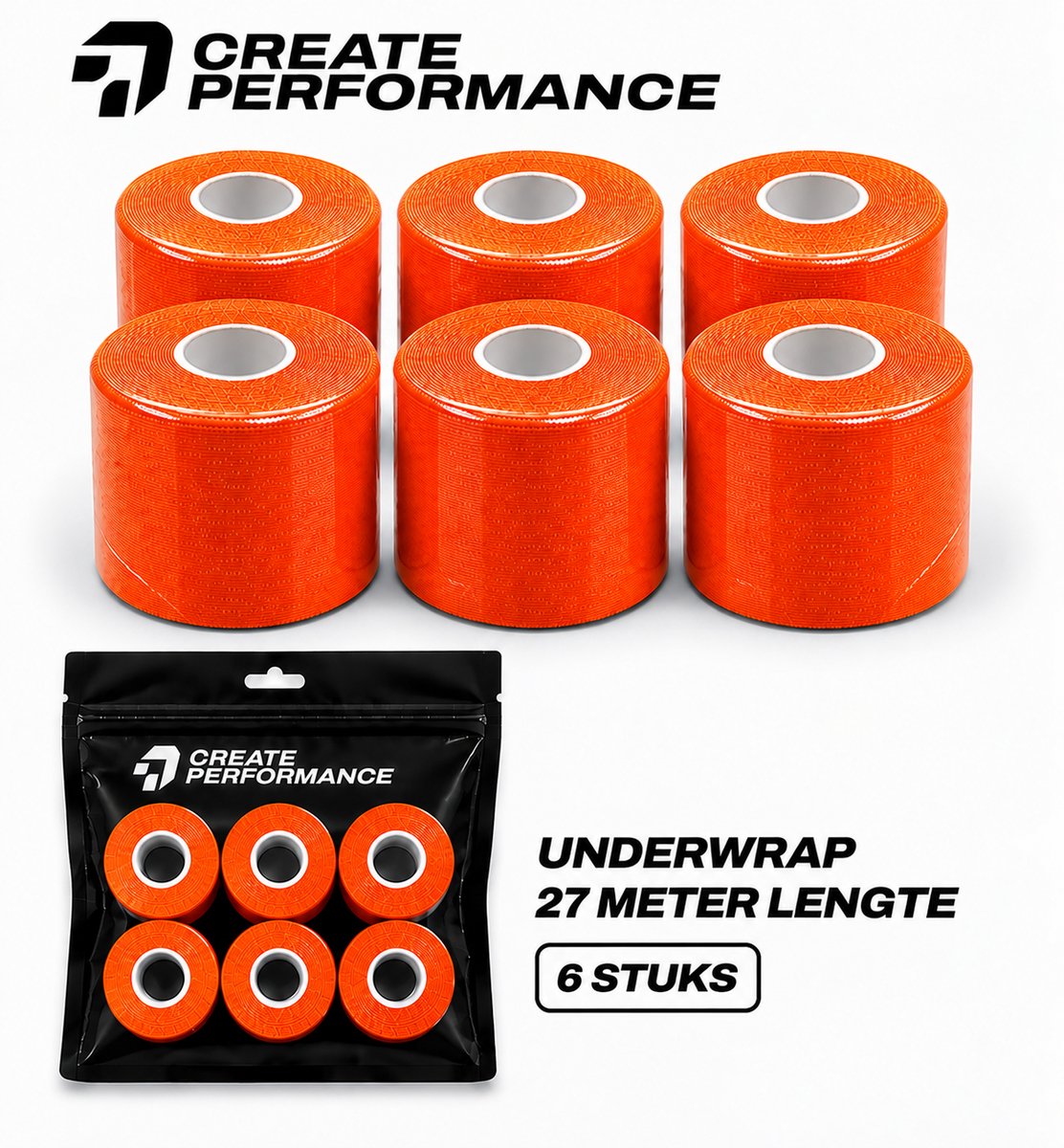 CREATE PERFORMANCE Underwrap tape - Voetbaltape - Sporttape - Fysio tape - Oranje - 6 stuks - 7cm x 27m - Inclusief tape tas