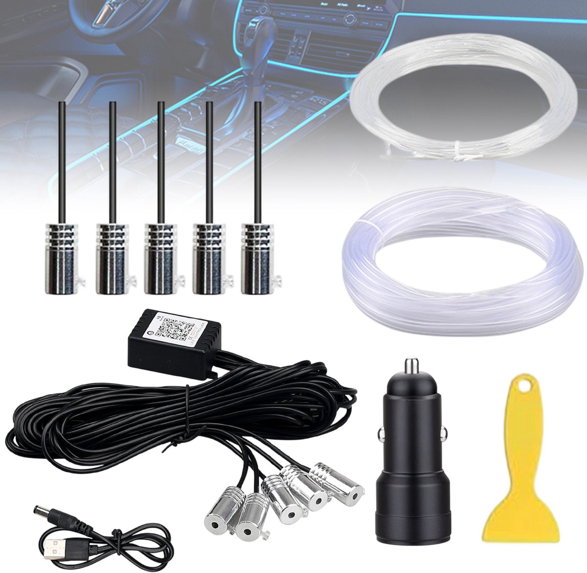 Fokelyi Auto LED Sfeerverlichting RGB -6m- USB - Led strip auto met afstandsbediening-Sigarettenaansteker -App & Afstandsbediening -Muziekmodus-Ambient Light -Interieurverlichting Auto