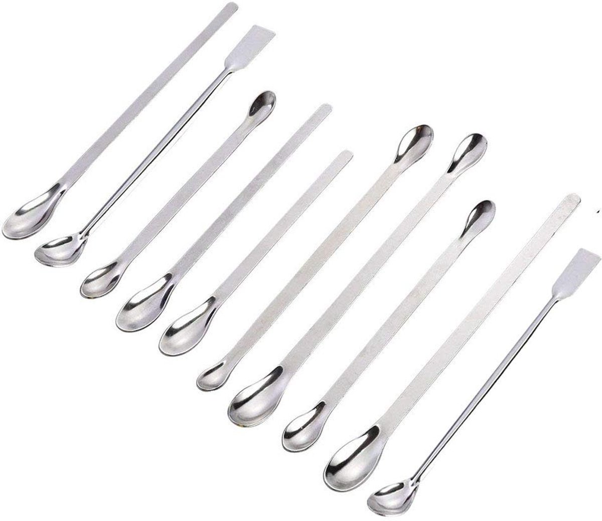 Micro Lepel van RVS voor Laboratorium, Monsterlepels en Schrapers, Mini Set met 10 Stuks en Diverse Hoofden en Bekers