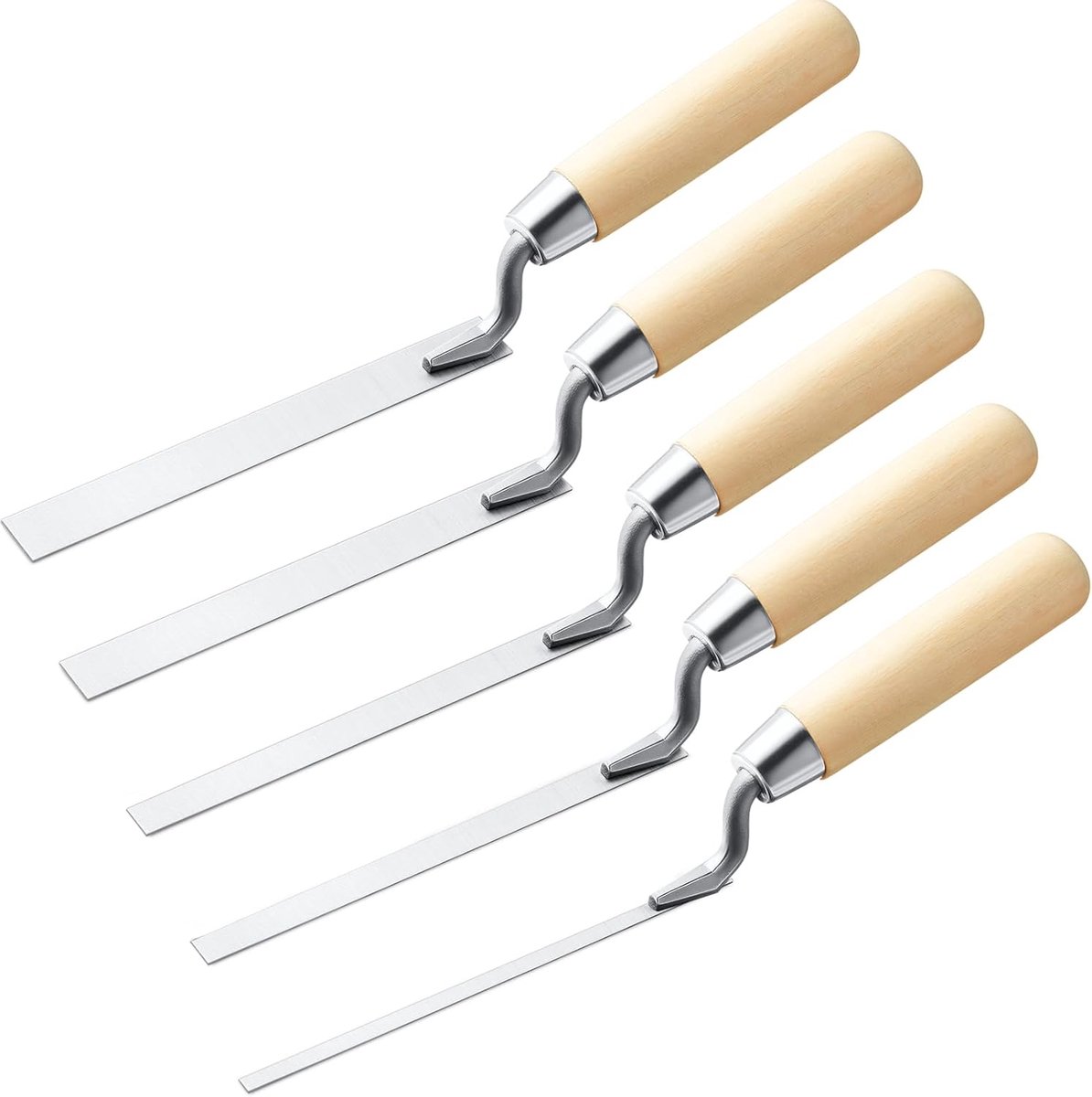 Voegspatel, set van 5 voegspijkers (maten 1/4", 5/16", 3/8", 1/2", 5/8"), met houten handgreep, Professioneel gereedschap voor mortelreparatie en metselwerk (voegwerk)
