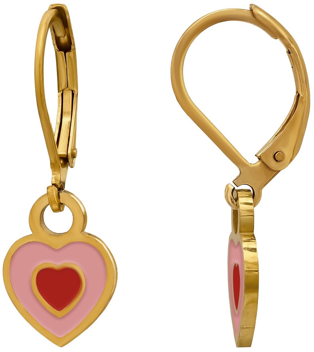 Joy|S - Hartje bedel oorbellen - Brisure sluiting - Chirurgisch staal - roze rood - ip/pvd gold plated - leverback - kinderoorbellen
