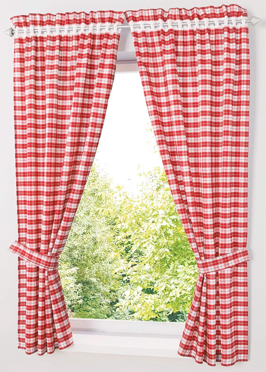 lichtdichte gordijnen met geruit patroon, landhuisgordijnen voor de woonkamer, gordijnschals met embrasses (HxB 140x80cm, rood) 2 stuks