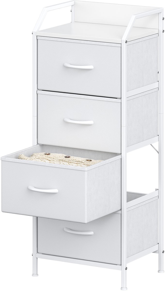 Smalle ladekast wit - 4 stoffen lades met leerlookfronten - MDF-blad met opstaande rand - Verstelbare voeten - Slaapkamer en hal - 43 x 30 x 97,5 cm